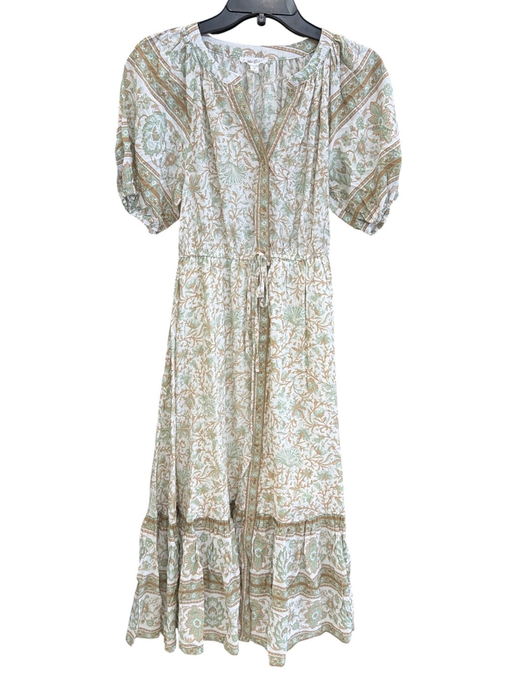 By the River Anthropologie Boho Paisley Floral Maxi Dress Sage Cream size M - Picture 2 of 6